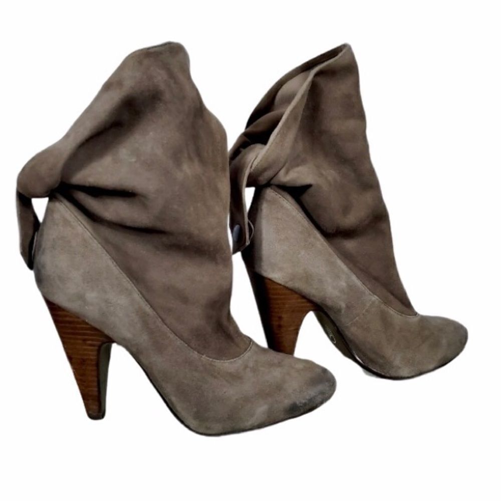 ASH Slouchy Suede Ankle Boots Cone Heel Taupe Grey 7.5